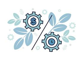 Finance. Financial services. Lending. Illustration of percentage with gears in which the dollar sign, watch, on the background of a branch with leaves, dollar sign, gear vector