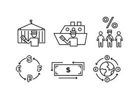 Finance icons. Financial services icons set. Icons customs broker, currency exchange. A silhouette of a man in the form of a customs broker with a document in hand near a cargo container on a hook vector