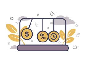 Lending. Illustration of Newton's cradle, on the balls a dollar sign, percentage, clock, on a background a branch with leaves, clouds, stars, circles. Newton's pendulum with signs of dollar vector