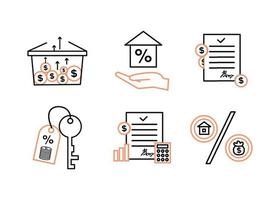 Finance icons. Financial services icons set. Mortgage, financial exchange icons. In the palm of your hand is a house with a percentage, a key with a keychain, on which coins and a percentage vector