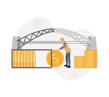 Lending to state infrastructure projects. Illustration of the construction of a bridge, near it a stack of coins, from which a man in a builder's helmet and helmet rolls a coin vector