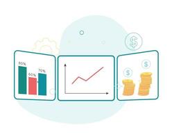 Vector illustration of screens on which a bar graph with numbers and percentages, a graph with arrows, stacks of coins with dollar signs