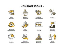 Finanzas íconos colocar. vector ilustración de financiero intermediario iconos, recurso financiación, confiar servicios, préstamo.