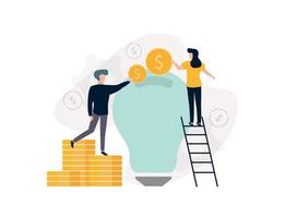 Venture capital. A man standing on a stack of coins, a woman standing on a ladder throwing coins in a light bulb, on the background of dollar icons vector