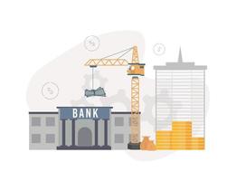 Lending to state infrastructure projects. Illustration of a construction crane carries banknotes from a bank, near the building near which a money bag and a stack of coins, on the background gears vector