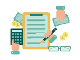 Finance. Vector illustration of accounting. On the tablet, a document on which a hand with a pen, next to a calculator, bills, coins, glasses