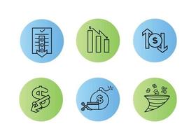 Finance icons set. Vector illustration of devaluation, default. The dollar icon on which the down arrow. Dollar icon in a round frame, on the sides of which there are up and down arrows.