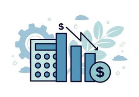 finanzas. vector ilustración de econometría. íconos de calculadora, bar cuadro, dólar icono, abajo flecha, en el antecedentes de engranajes, plantas, hojas, nubes, estrellas