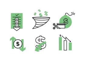 Finance icons set. Vector illustration of devaluation, default. The dollar icon on which the down arrow. Dollar icon in a round frame, on the sides of which there are up and down arrows.