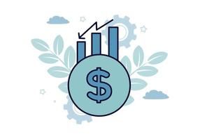 Finance. Vector illustration of inflation. On the dollar coin, a bar chart, above which a broken arrow downward, against the background of a plant, gear, cloud, star