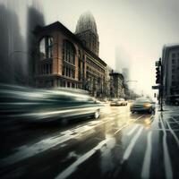 The light trails on the modern city background. Modern blurred background. . photo