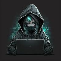 Cute girl hacker with laptop. Avatar in cartoon style. Balck backdrop. photo