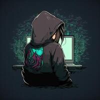 Cute girl hacker with laptop. Avatar in cartoon style. Balck backdrop. photo