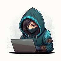 linda niña hacker con ordenador portátil. avatar en dibujos animados estilo. generativo ai foto