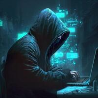 Hacker using internet to hack abstract computer server. Hooded attacker in laptop steals personal data. Blue glow light. photo