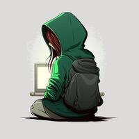 Cute girl hacker with laptop. Avatar in cartoon style. photo