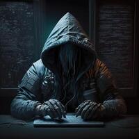 hacker utilizando Internet a cortar a tajos resumen computadora servidor. encapuchado agresor en ordenador portátil roba personal datos. azul resplandor ligero. generativo ai foto