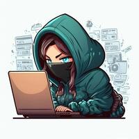 linda niña hacker con ordenador portátil. avatar en dibujos animados estilo. generativo ai foto