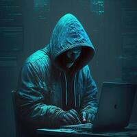 Hacker using internet to hack abstract computer server. Hooded attacker in laptop steals personal data. Blue glow light. photo