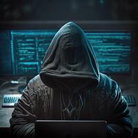 hacker utilizando Internet a cortar a tajos resumen computadora servidor. encapuchado agresor en ordenador portátil roba personal datos. azul resplandor ligero. generativo ai foto