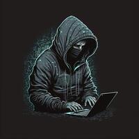 Hooded hacker with laptop at work. Symbol of the darknet and illegal activities on the Internet. photo