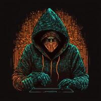 Hooded hacker with laptop at work. Symbol of the darknet and illegal activities on the Internet. photo