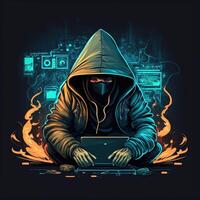 Hooded hacker with laptop at work. Symbol of the darknet and illegal activities on the Internet. Generative Ai photo