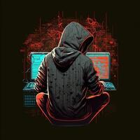 Hooded hacker with laptop at work. Symbol of the darknet and illegal activities on the Internet. Generative Ai photo