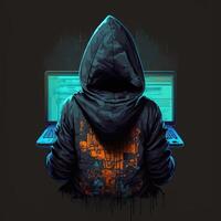 Hooded hacker with laptop at work. Symbol of the darknet and illegal activities on the Internet. photo