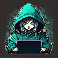 linda niña hacker con ordenador portátil. avatar en dibujos animados estilo. generativo ai foto