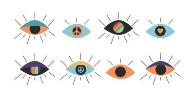 Flat vector hippy boho illustration. Hand drawn retro groovy all seeing eye