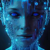 Artificial intelligence  virtual woman characters  portrait for concept design. Retro future 3D render illustration. Blue glow light with computer board elements. Ai render. photo
