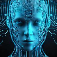 Artificial intelligence  virtual woman characters  portrait for concept design. Retro future 3D render illustration. Blue glow light with computer board elements. Ai render. photo