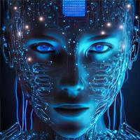 Artificial intelligence  virtual woman characters  portrait for concept design. Retro future 3D render illustration. Blue glow light with computer board elements. Ai render. photo