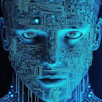 Artificial intelligence  virtual woman characters  portrait for concept design. Retro future 3D render illustration. Blue glow light with computer board elements. Ai render. photo