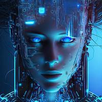Artificial intelligence  virtual woman characters  portrait for concept design. Retro future 3D render illustration. Blue glow light with computer board elements. Ai render. photo