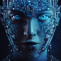 Artificial intelligence  virtual woman characters  portrait for concept design. Retro future 3D render illustration. Blue glow light with computer board elements. Ai render. photo