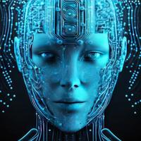 Artificial intelligence  virtual woman characters  portrait for concept design. Retro future 3D render illustration. Blue glow light with computer board elements. Ai render. photo
