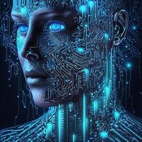 Artificial intelligence  virtual woman characters  portrait for concept design. Retro future 3D render illustration. Blue glow light with computer board elements. Ai render. photo