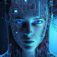 Artificial intelligence  virtual woman characters  portrait for concept design. Retro future 3D render illustration. Blue glow light with computer board elements. Ai render. photo