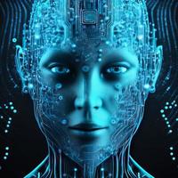 Artificial intelligence  virtual woman characters  portrait for concept design. Retro future 3D render illustration. Blue glow light with computer board elements. Ai render. photo