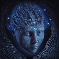 Artificial intelligence  virtual woman characters  portrait for concept design. Retro future 3D render illustration. Blue glow light with computer board elements. Ai render. photo
