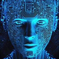 Artificial intelligence  virtual woman characters  portrait for concept design. Retro future 3D render illustration. Blue glow light with computer board elements. Ai render. photo