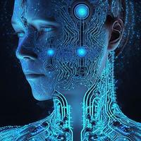 Artificial intelligence  virtual woman characters  portrait for concept design. Retro future 3D render illustration. Blue glow light with computer board elements. Ai render. photo
