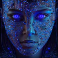 Artificial intelligence  virtual woman characters  portrait for concept design. Retro future 3D render illustration. Blue glow light with computer board elements. Ai render. photo