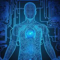 Virtual character with hud elements concept design. Retro future 3D render illustration. Blue glow light with computer board elements. Ai render. photo