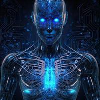 Artificial intelligence  virtual character. Alien portrait for concept design. Retro future 3D render illustration. Blue glow light with computer board elements. Ai render. photo