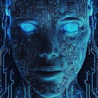 Artificial intelligence  virtual character. Alien portrait for concept design. Retro future 3D render illustration. Blue glow light with computer board elements. Ai render. photo