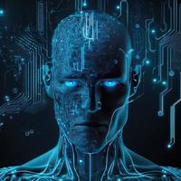Artificial intelligence  virtual character. Alien portrait for concept design. Retro future 3D render illustration. Blue glow light with computer board elements. Ai render. photo