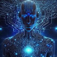 Artificial intelligence  virtual character. Alien portrait for concept design. Retro future 3D render illustration. Blue glow light with computer board elements. Ai render. photo